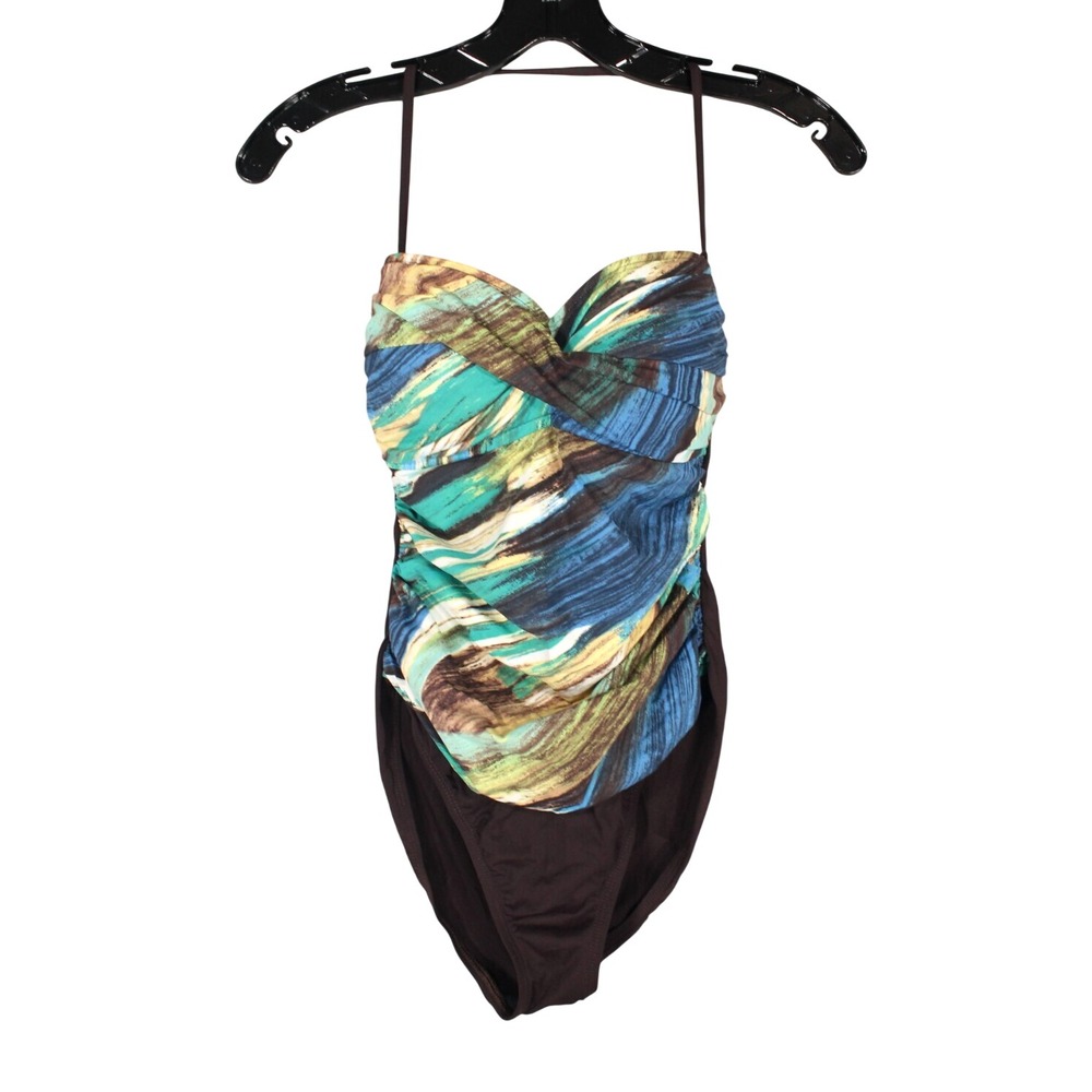 LA BLANCA Brown/Multi LIGHTLY PADDED Ruched Side HIGH-CUT One-Piece SWIMSUIT 6